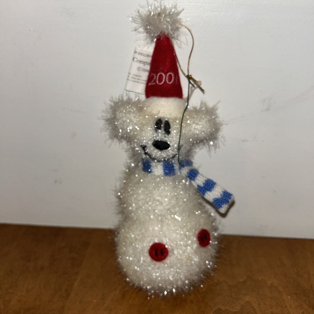Disney Mickey Mouse Snowman Fuzzy Ornament White Christmas 2001 A1